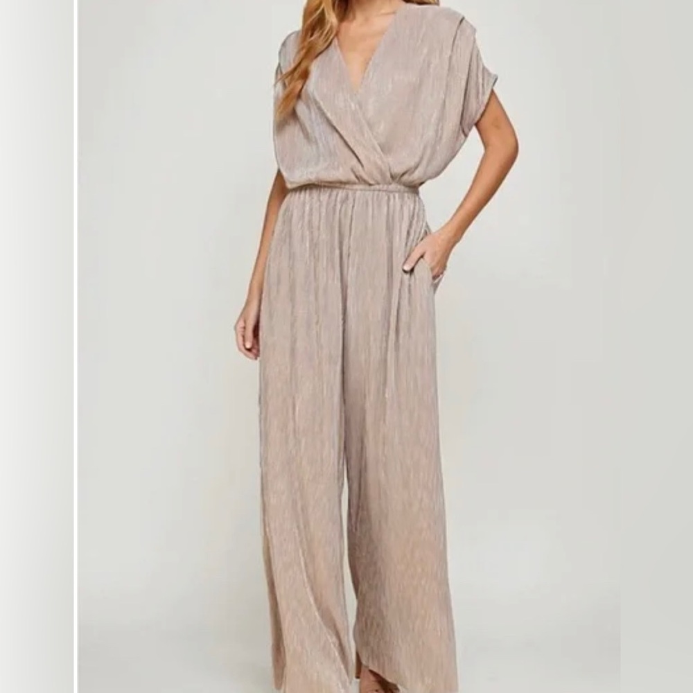 Pleated Metallic Jumpsuit - Holiday / New Years Eve Outfit